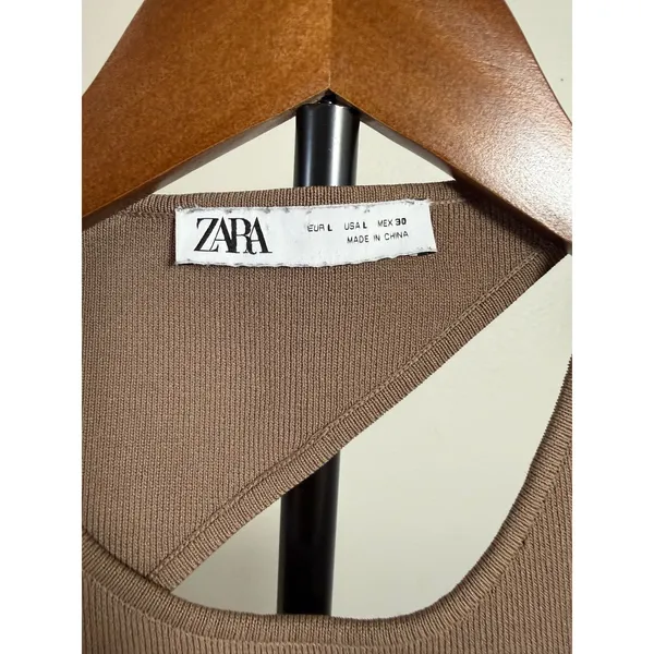 Zara Womens Asymmetric Cutout Ribbed Knit Top Taupe Brown Large - Image 3
