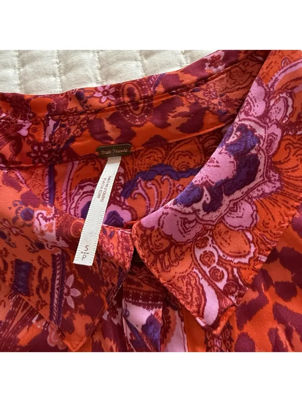Free People Bianca S Small Button Up Top Red Orange Animal & Floral Print Boho - Image 13
