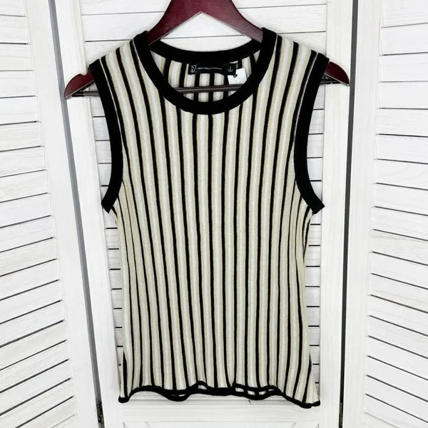 New York & Co Striped Ribbed Knit Sleeveless Sweater Tank Top Tan‎ Black Large - Image 7