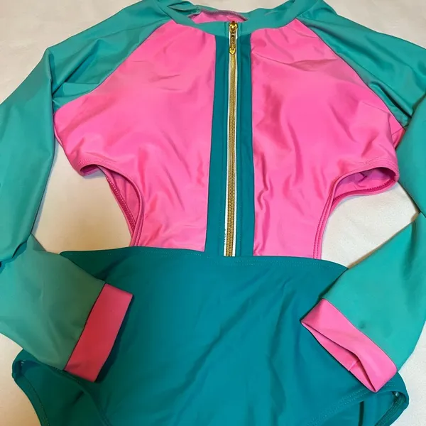 Pink and Green Long-Sleeve Rashguard Swimwear - Image 2