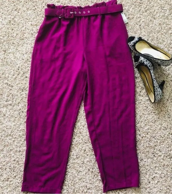 June & Hudson Belted Paper Bag High-Waisted Pants in Fuschia, Size L EXCELLENT - Image 12