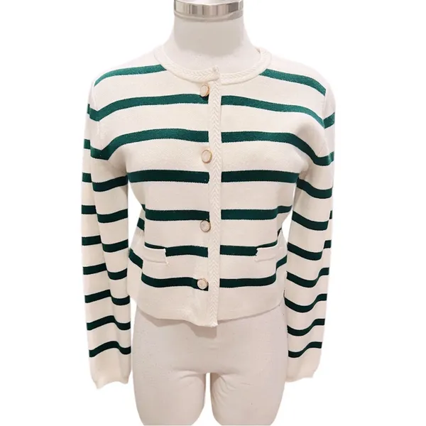 Scotch & Soda Amsterdam Ivory With Green Striped Button-Up Cardigan Size XS NWT - Image 2