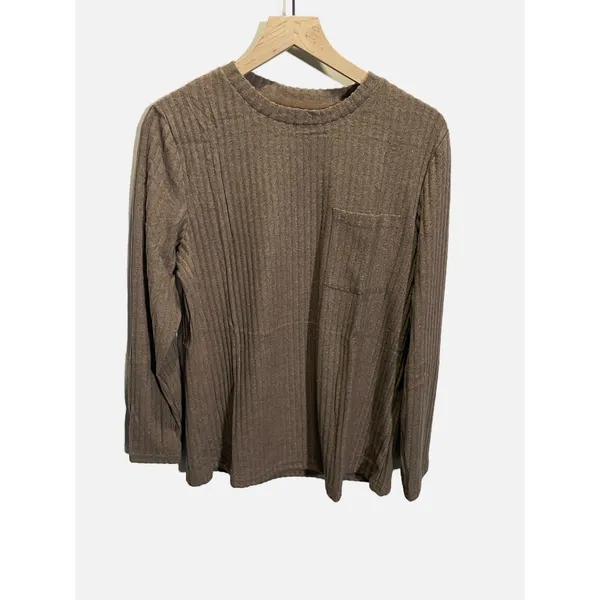 Unbranded Ribbed Knit Top Women XL Brown Long‎ Sleeve Pocket Casual Minimalist - Image 2