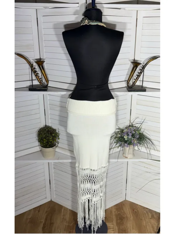 Vintage Y2K cotton knit dress strapless fringes boho coquette coastal cowgirl S - Image 13