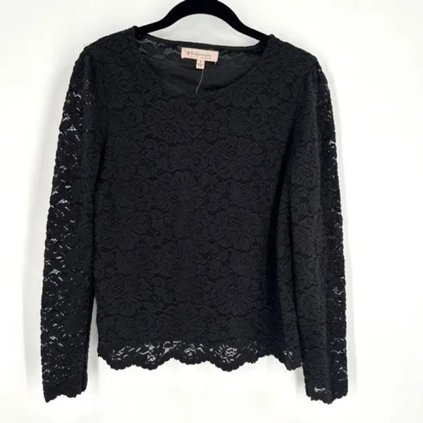 NWT Philosophy Women's Floral Lace Lined Long Sleeve Blouse Black‎ Size Small - Image 2