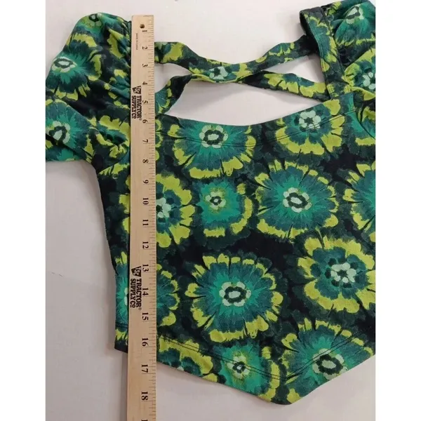 Free People Retro Hippie Green Square Neck Puff Sleeve Bandana Original! Small‎ - Image 8