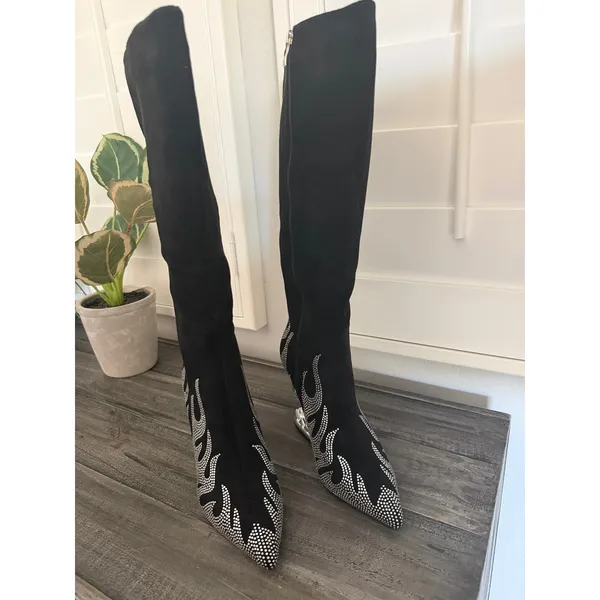 Others Follow Women Size 8 Wedge Heel Flame Rhinestone Point Toe Knee High Boot Fashion Trendy - Image 3