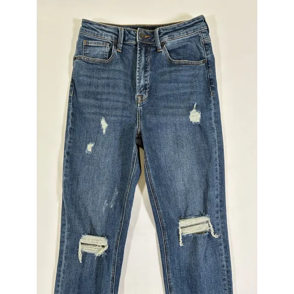 Risen Los Angeles Womens Distressed Straight Leg Jeans Medium Wash Raw Hem 5 - Image 2