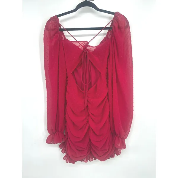 Lucy In The Sky Mini Dress S Red Ruched Swiss Dot Open Back Sexy Party Romantic - Image 4