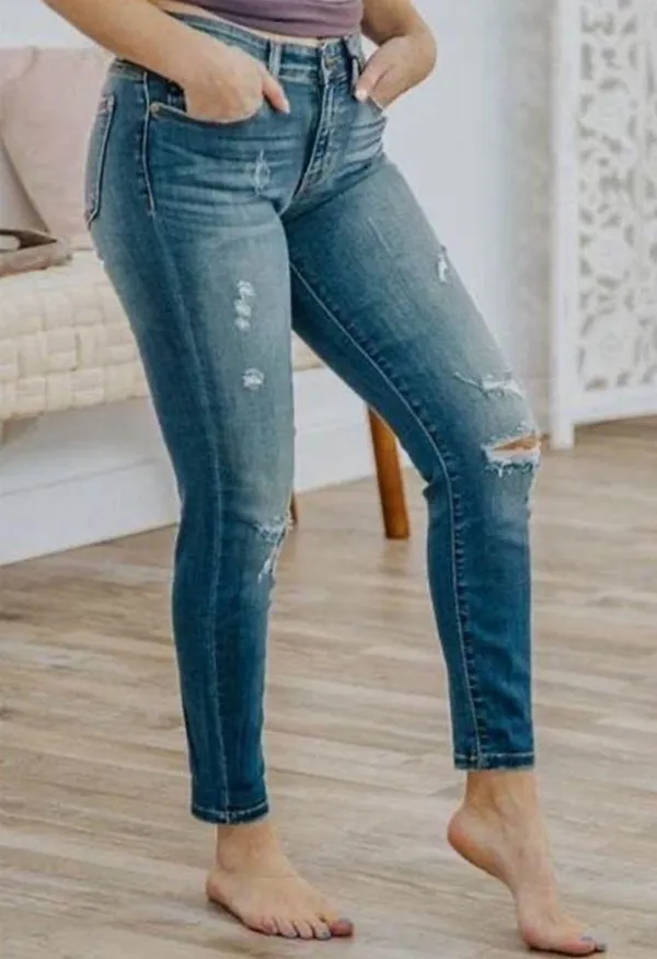Judy Blue Relaxed Fit Stretch Denim Jeans Sz 28 Dark Wash Distressed - Image 2