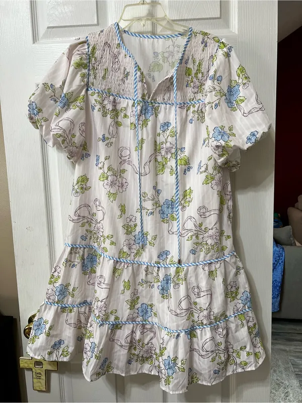 Floral Puff-Sleeve Tiered Mini Dress - Cream with Blue Floral - Image 2