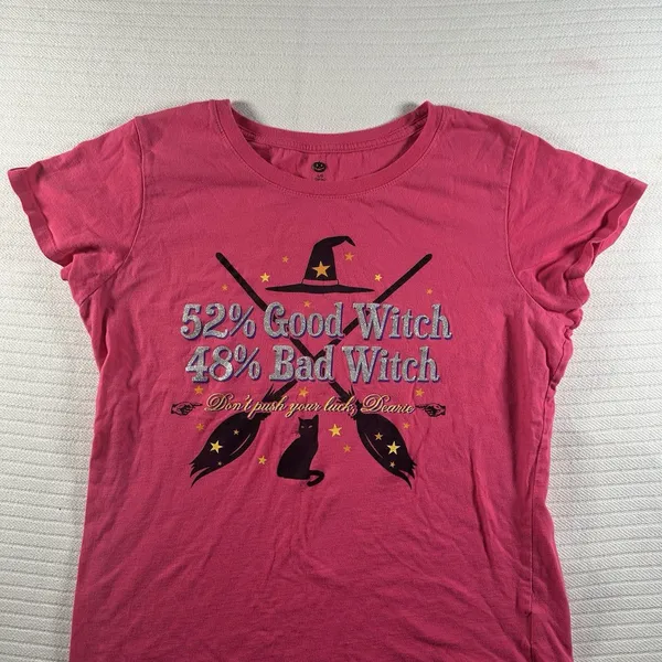 Women’s Large Pink Halloween Witch Graphic T-Shirt 52% Good Witch 48% Bad Witch - Image 2