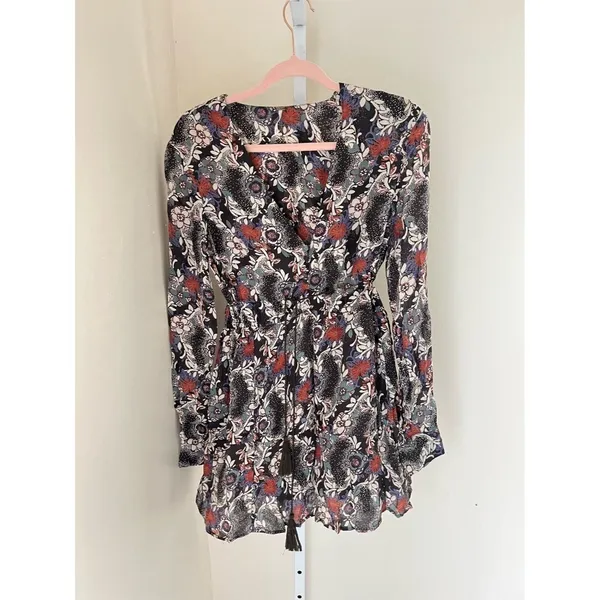 Free People Womens Small Black Stealing Fire‎ Henley Dress Floral Long Sleeve - Image 2