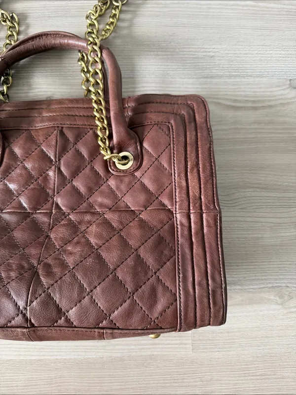 Love Stitch Brown Quilted Faux Leather Tote Bag with Gold Chain Handles & Strap - Image 3