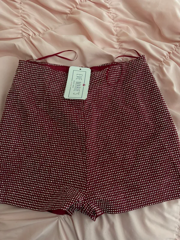 Burgundy Boutique Rhinestone Zip Shorts - Image 2