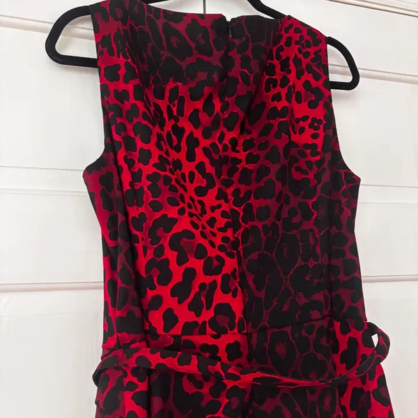 Cache‎ Vintage Red Black Leopard Print Midi Dress Belted Sheath Mob Wife Size 12 - Image 9