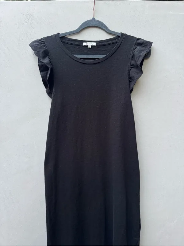 Z Supply Blakely Slub Ruffle Midi Maxi Dress Black 100% Cotton Side Slit M - Image 4