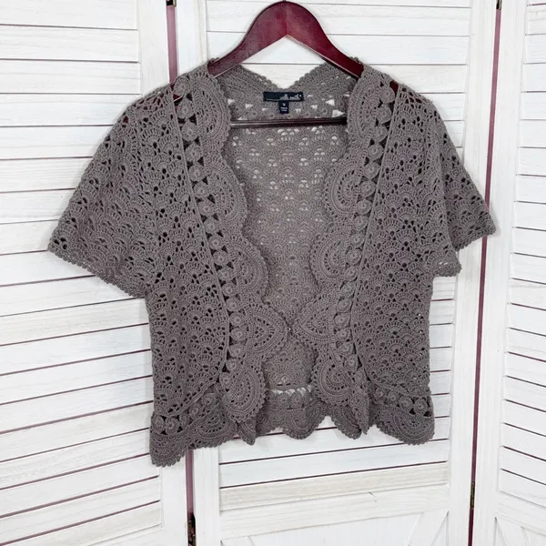 Willi Smith‎ Boho Cottage Crochet Cardigan Shrug Sweater Taupe Medium - Image 7