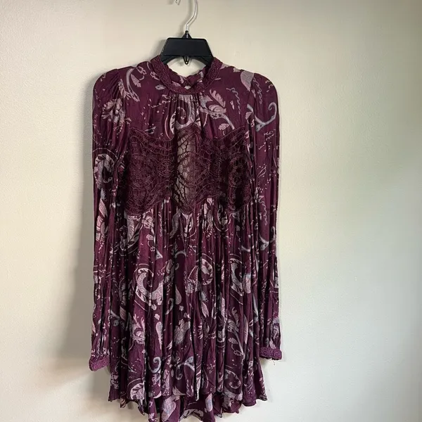 free people sweet thing printed tunic dress purple paisley burgundy size‎ small - Image 7