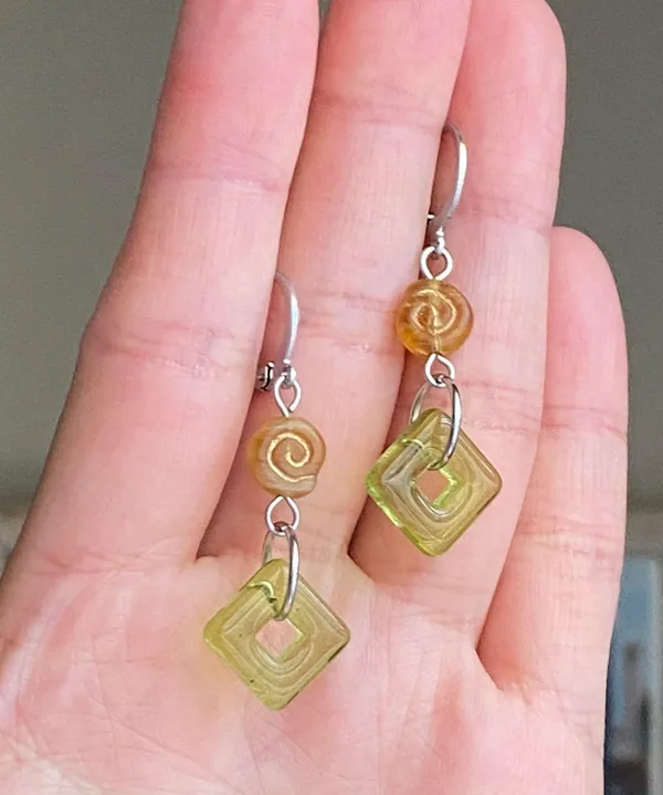 Handmade boho vintage aesthetic fairy style Czech glass beads dangle earrings🍃🌙🌳🫒🌀 - Image 3