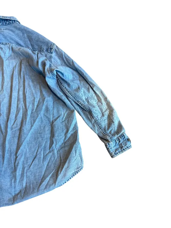Eddie Bauer Light Wash Blue Chambray Button Down Shirt Overshirt Large Women's - Image 11