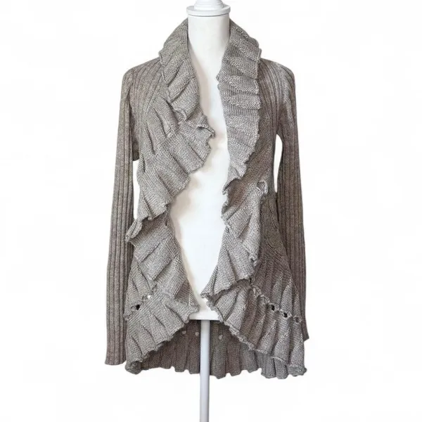 Wool Knit Ruffle Cardigan Gray Size M - Image 2