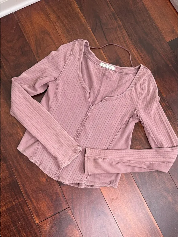 Free People We The Free Jamie Ribbed Henley Top Long Sleeve Mink Purple LARGE - Image 6