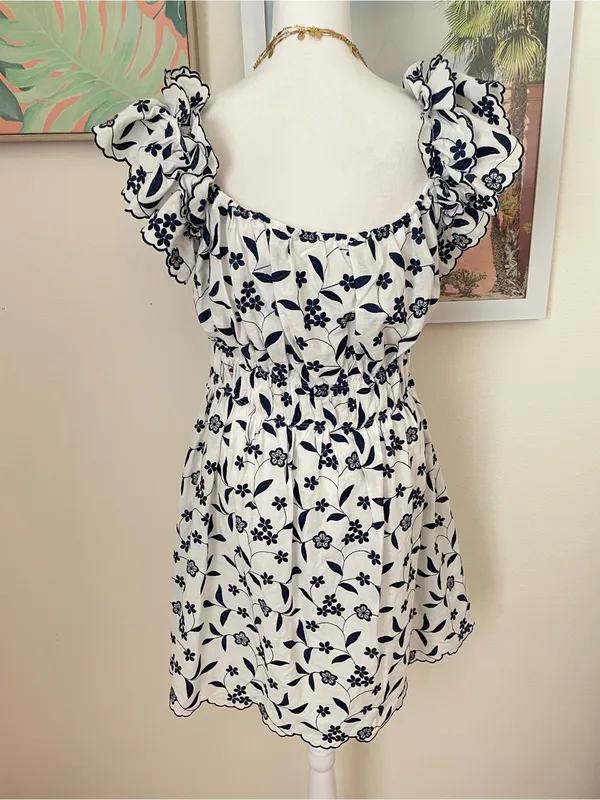 Anthropologie Blue Tassel Floral Embroidered Ruffle Channeled Mini Dress in XS - Image 6
