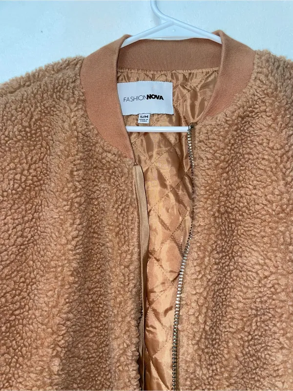 Women’s S/M Teddy Sherpa Bomber Jacket Camel Brown Quilted Lined - Image 2