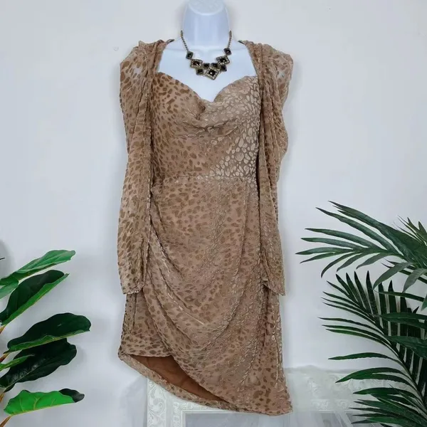Bellevue Talia Long Sleeve Animal Print Cowl Mini Dress Cocktail Wedding Guest - Image 2