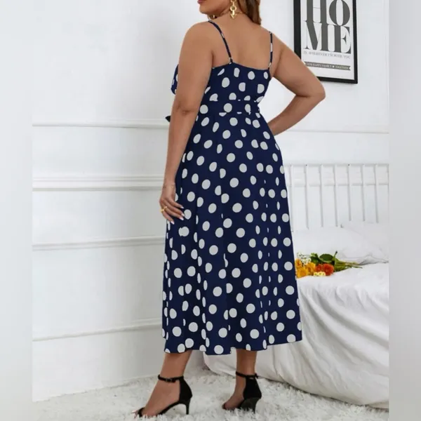 Navy Blue & White Polka Dot Belted Dress - Size 18 - Image 2