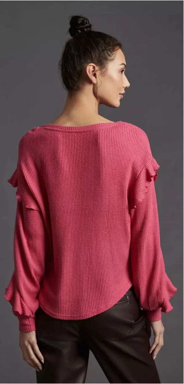 Anthropologie Pilcro Top Ruffled V-Neck Shirt Waffle Knit Raspberry Pink L - Image 2