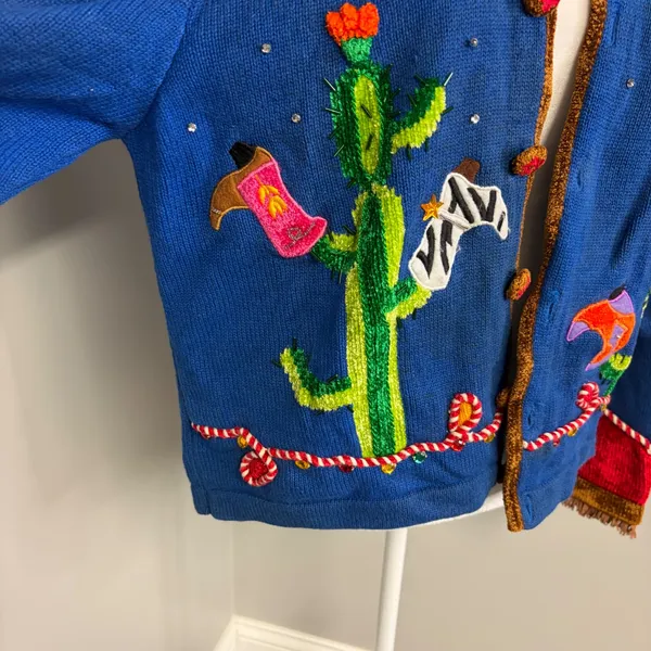 Vintage Western Cactus Cowboy Boot Embroidered Cardigan Blue Chenille Fringe L - Image 5
