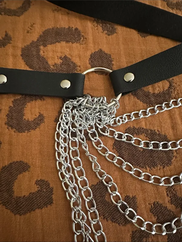 Black Leather Chain Body Harness with Silver Draped Chains - Image 2