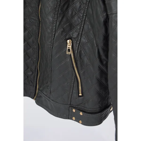 Coffee shop Womens Black Quilted Moto Jacket Studded Shoulder Zip‎ Up - Image 6