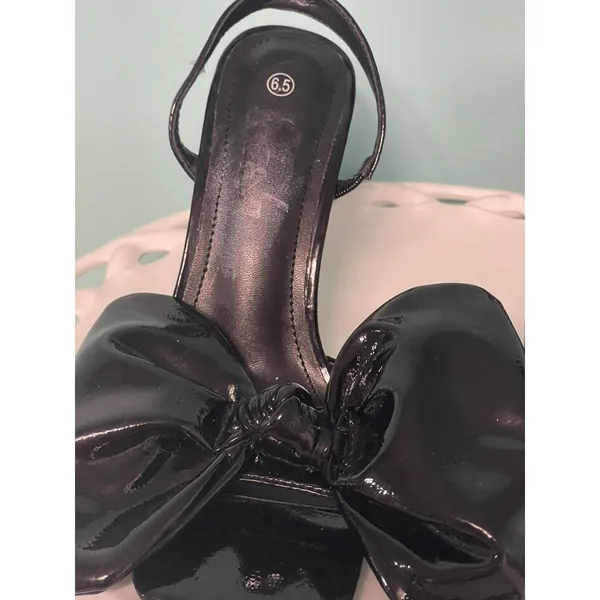 Black Patent Leather Size 6.5 Slingback Heels Open Toe Bow‎ Classy S-312 - Image 2