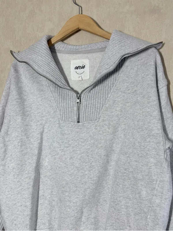 aerie Women’s Down To Earth Quarter-Zip Sweatshirt Oversized Pullover in Gray XS - Image 4