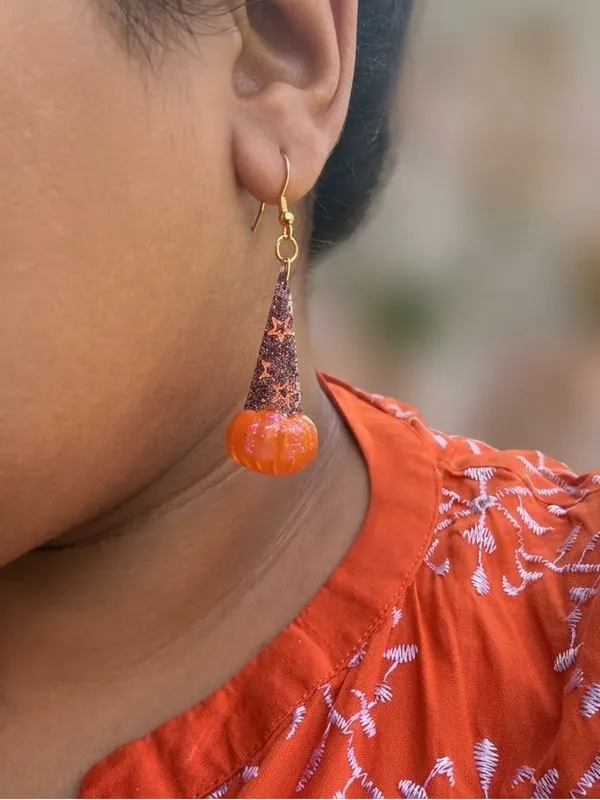 Halloween Witch Hat & Pumpkin Drop Earrings | Resin Fall Statement Jewelry - Image 2