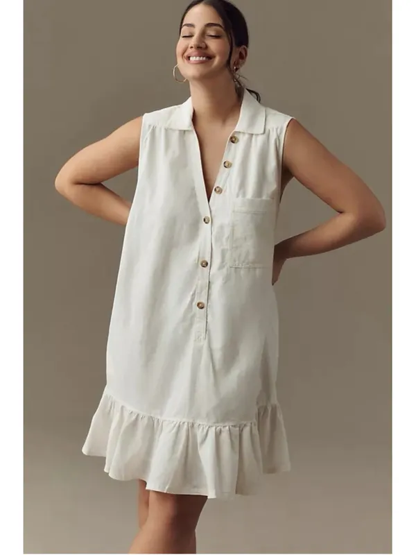 Anthropologie Pilcro Sleeveless V-Neck Linen Flounce Mini Dress XL Coastal Boho - Image 2