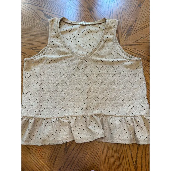 Antistar Eyelet Peplum Tank Top Women Large Tan V-Neck Sleeveless Knit Blouse - Image 2