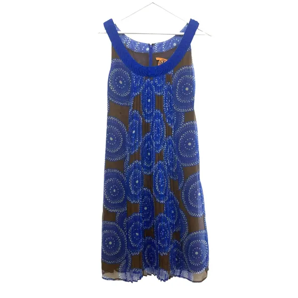 Tory Burch Forisa Silk Dress 4 Blue Brown Geometric Braided Neck Flaw Read - Image 2