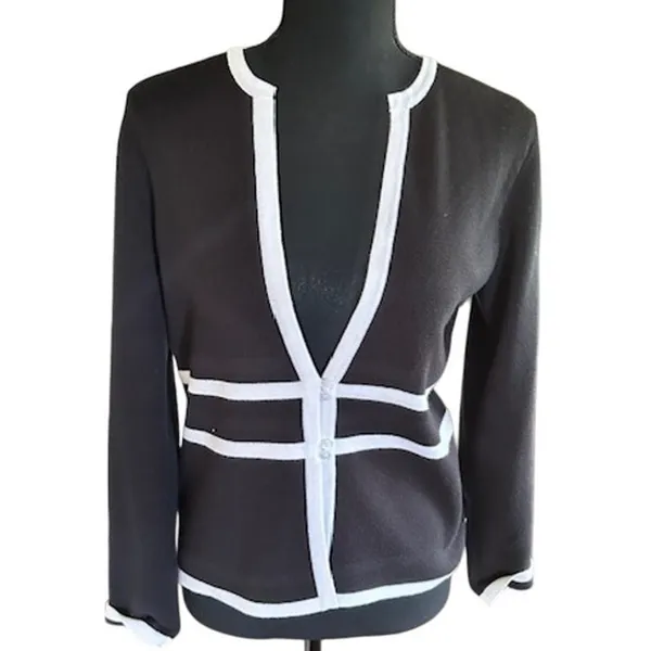 G Knitwear Contrast Trim Cardigan Blazer Black White Small - Image 2