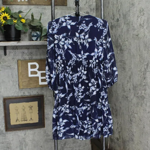 NWT Taylor Floral-Print Chiffon Smocked A-Line Dress 2835M 2 Navy Blue / Ivory - Image 6