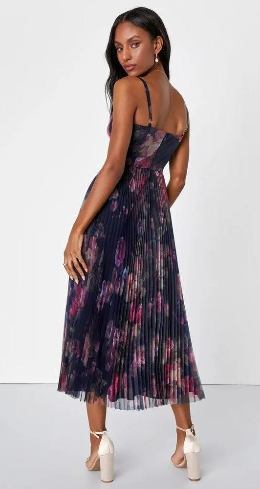 NWOT Lulus Alluring Invite Midnight Blue Floral Pleated Bustier Midi Dress S - Image 2