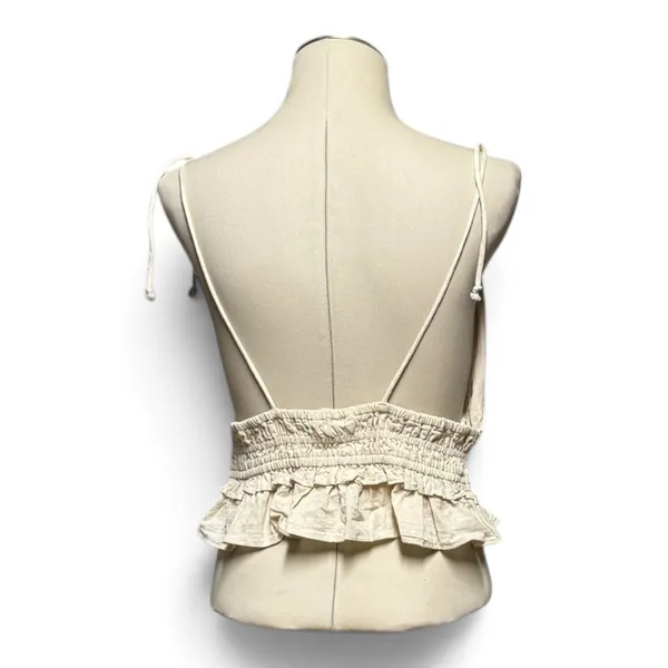Sim & Sam Cotton Linen Cropped Smocked Top V-Neck Natural Oatmeal Tan Beige XL - Image 4