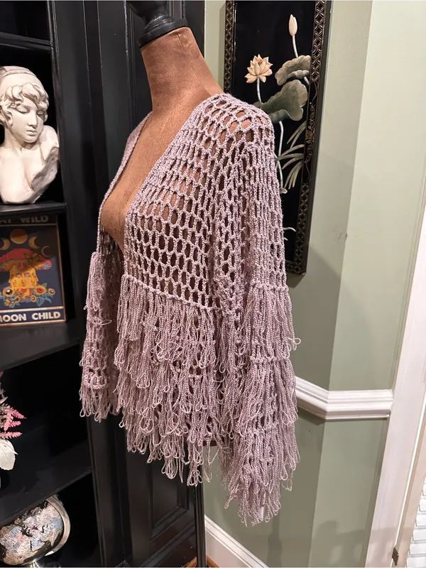 POL Lavender Fishnet Fringe Cardigan – Size Small (Fits S–L) - Image 5