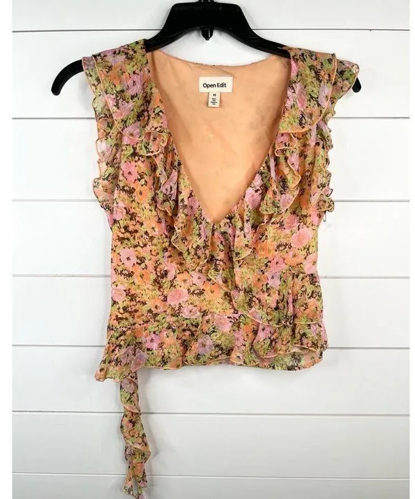 One Edit Nordstrom Floral Ruffle Sleeveless V-Neck Crop Top Blouse Sz XS - Image 2