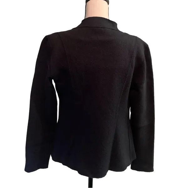 EILEEN FISHER Jacket Size Small Black Boiled Wool Leather Buckle Accent Women’s - Image 2