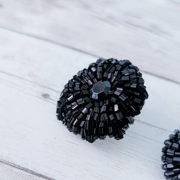 Vintage Clip On Earrings Large Black 1.25" Beaded Circle - One Damaged - Image 4