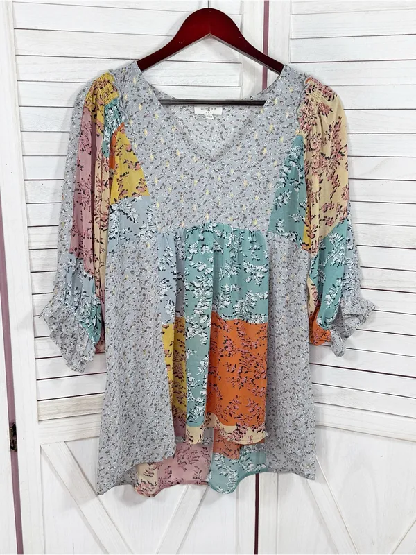 UMGEE Floral Patchwork Print‎ V Neck Chiffon Blouse Grey Multi Medium Boho - Image 7